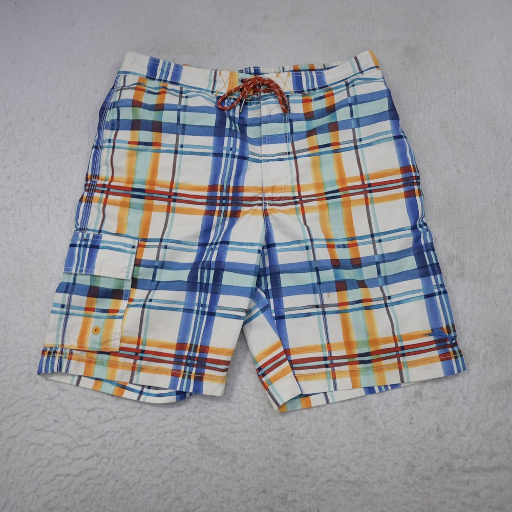 Tommy Bahama Relax Swim Trunks Mens Medium Blue Orange Plaid Cargo Board Shorts